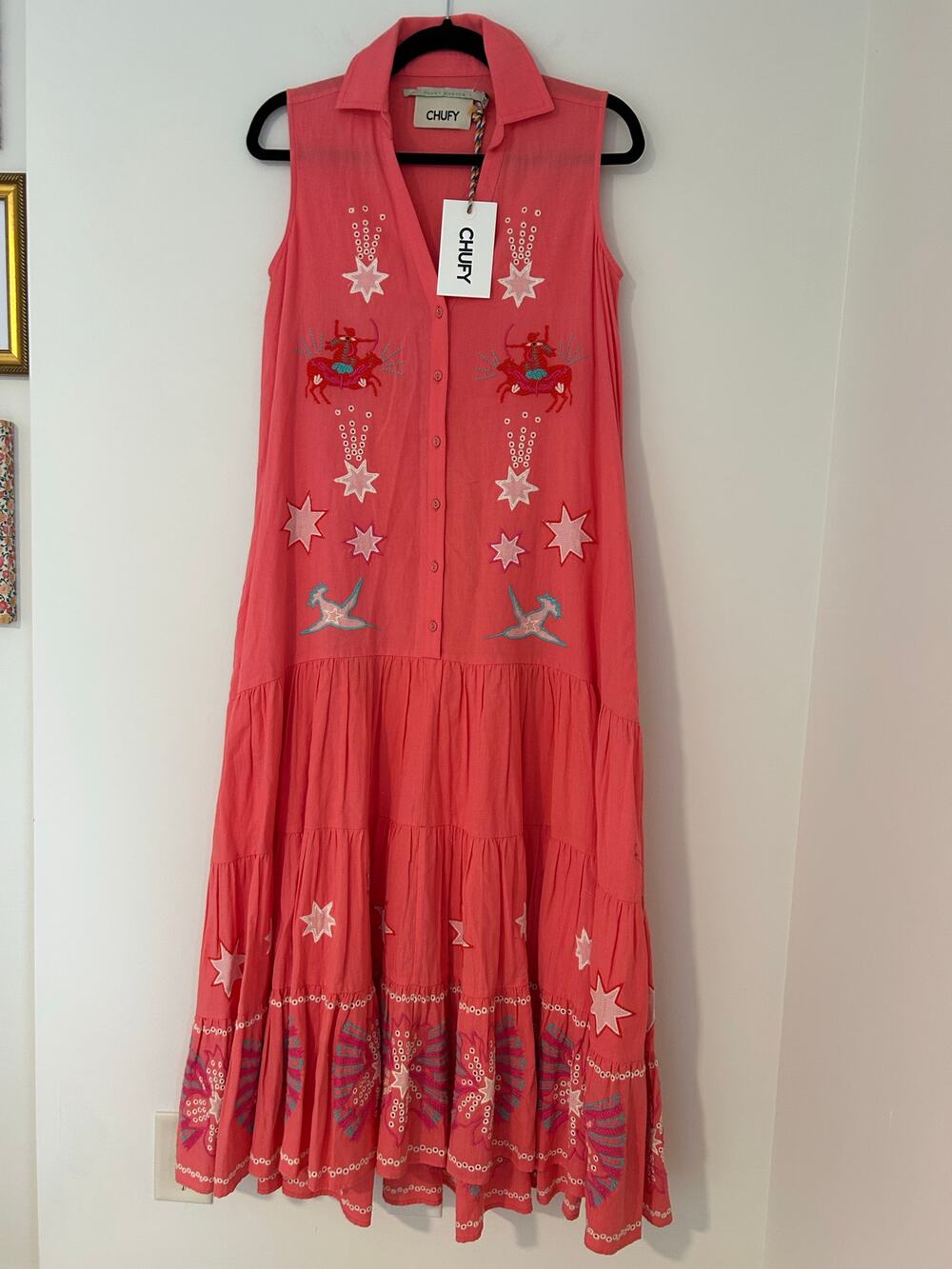 NWT Chufy Plant Magick XS Verbena Embroidered Maxi Dress Collared Pink Western